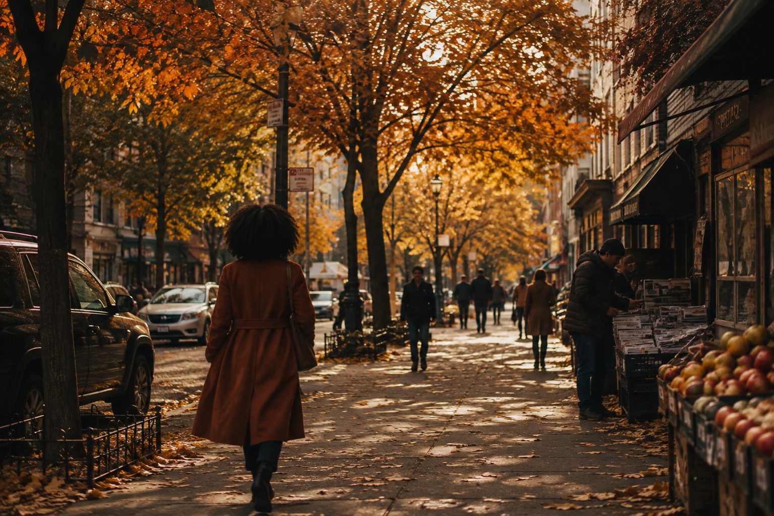 A woman in a rust coat walking down a tree-lined city street in early autumn